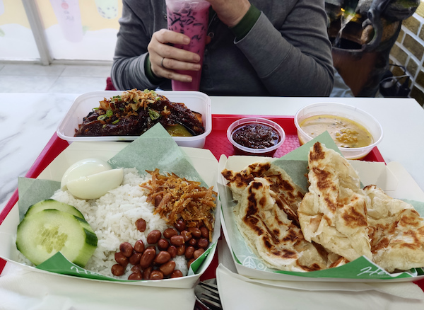 nasi lemak, roti canai, sambal aubergine, dahl